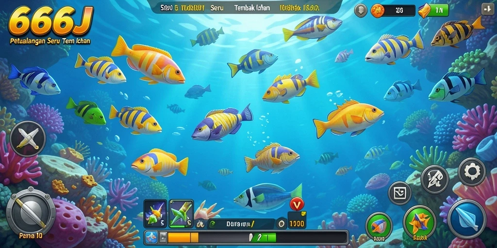 Gameplay seru dalam 666J saat menembak ikan berwarna-warni.