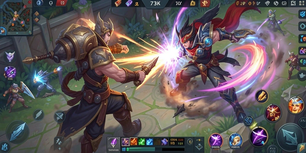 Screenshot menampilkan pertempuran seru di 73K dengan karakter unik.