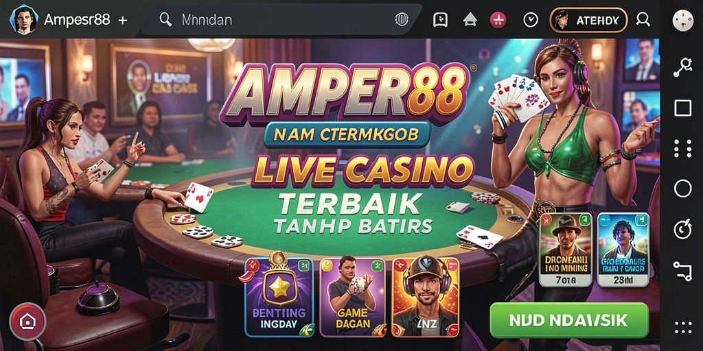 Screenshot gameplay AMPER88 menampilkan dealer langsung dan suasana kasino yang menegangkan.