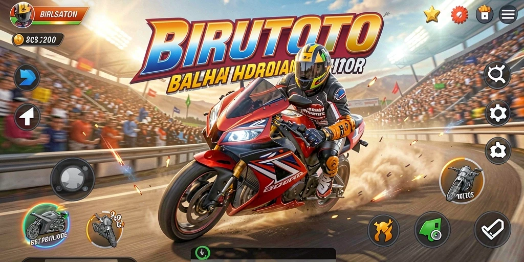 Screenshot gameplay BIRUTOTO yang menampilkan balapan motor seru.