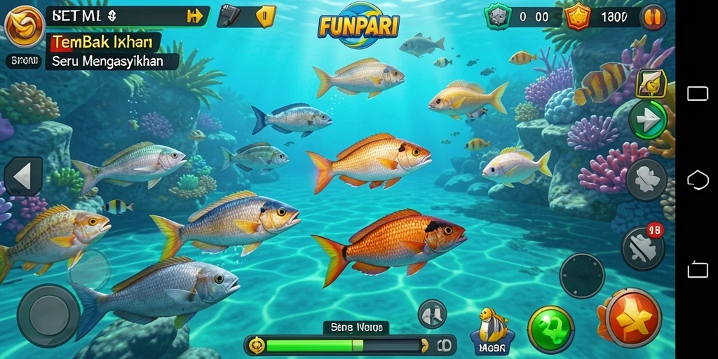 Screenshot gameplay FUNPARI menampilkan aksi menembak ikan yang menarik.