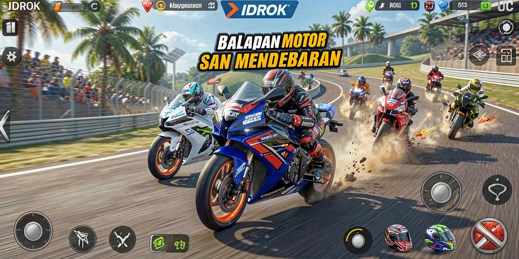 Tampilan gameplay <strong>IDROK</strong> saat balapan motor yang seru dan menantang.