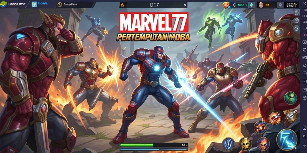 Tampilan aksi seru gameplay MARVEL77 di arena pertempuran MOBA.