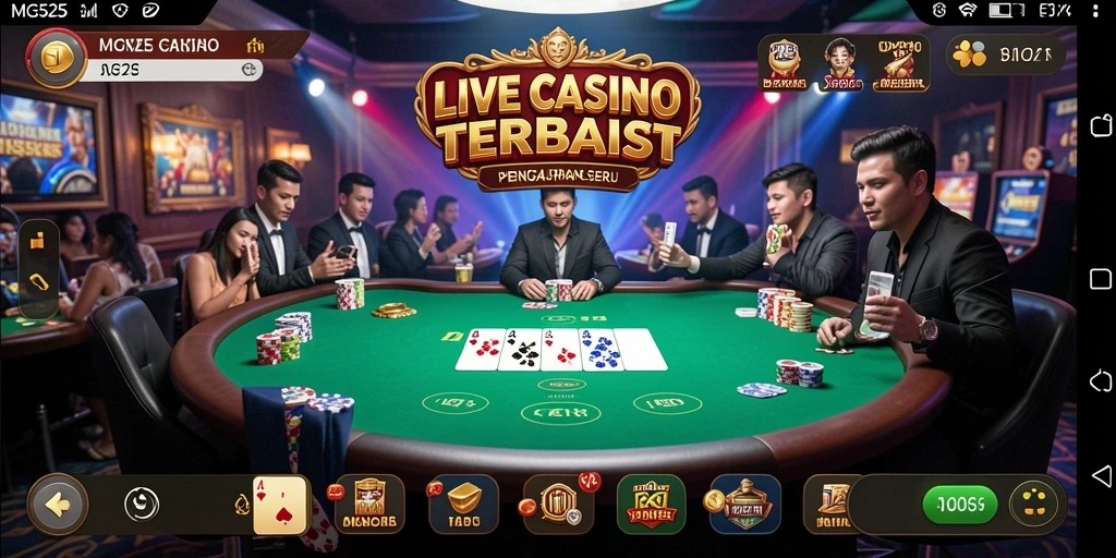 Screenshot MG525 menampilkan dealer langsung dan permainan seru dengan pemain aktif.