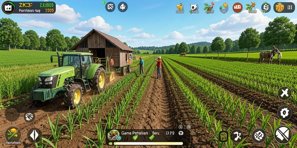 Tampilan gameplay ZK3 dengan aktivitas bertani yang seru.